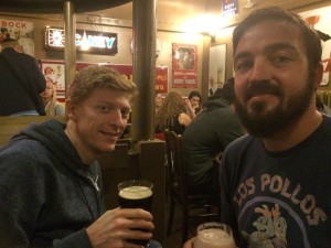 Enjoying a beverage at the famous Delirium brewery cafe.