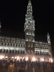 Town hall, lit up like Christmas.