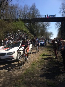 Cyclist sidling past the team cars at breakneck speed. At the Foret De Arenberg.