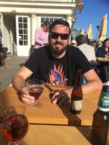 enjoying a hard earned beverage at probably the only available seat in the sun in Amsterdam