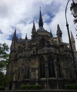 Notre Dame cathedral in Reims. From the back. In the car.
