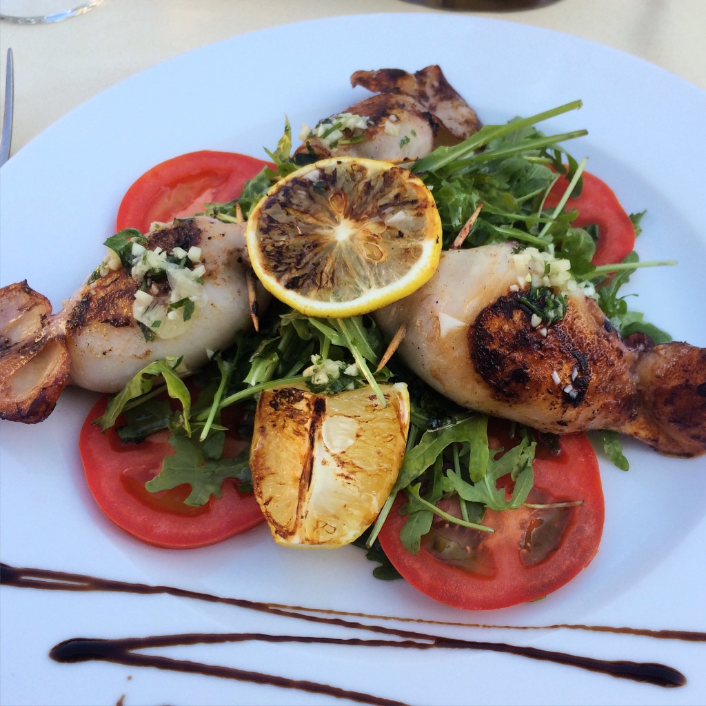 Grilled squid stuffed with prawns...Another kitty magnet.